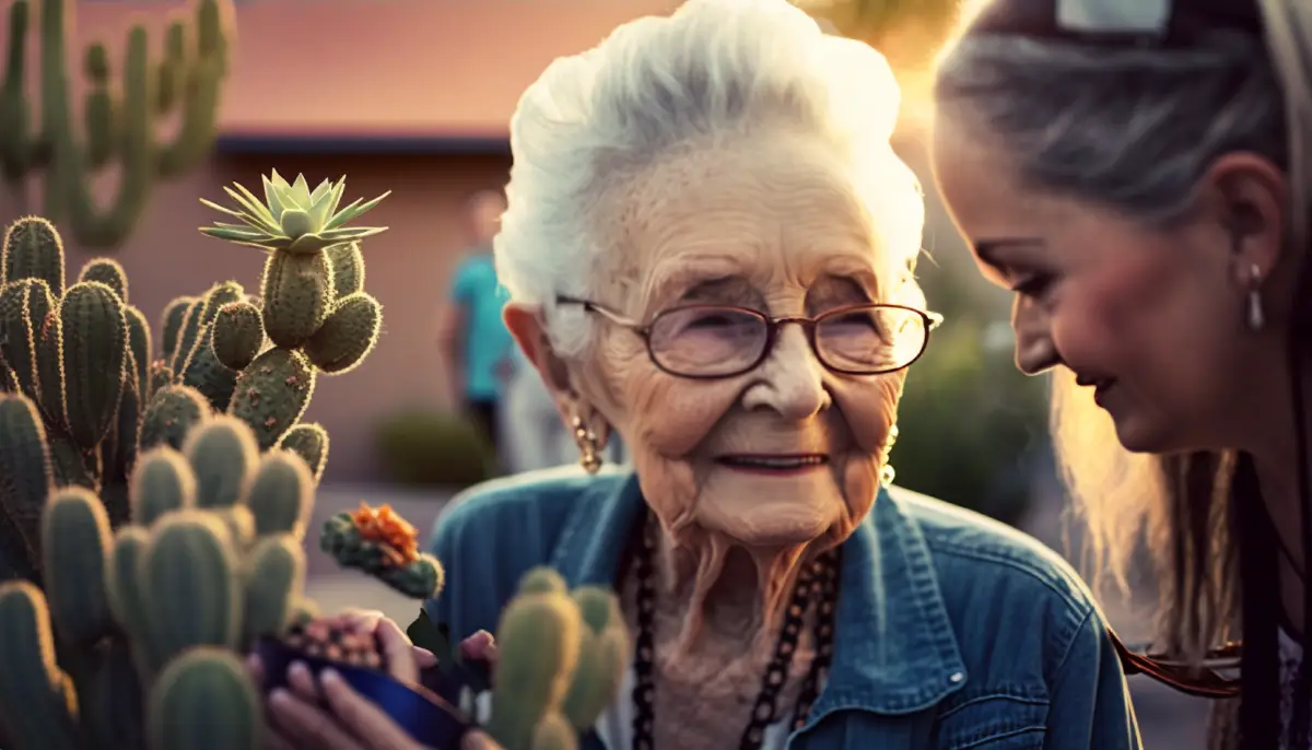 Caregiver-listening-to-elderly-dementia-patient-Arizona-desert-garden-sunset-support